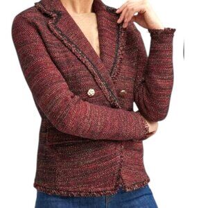 Chico's Red Tweed Double Breasted Business Casual Holiday Sweater Blazer Size 4